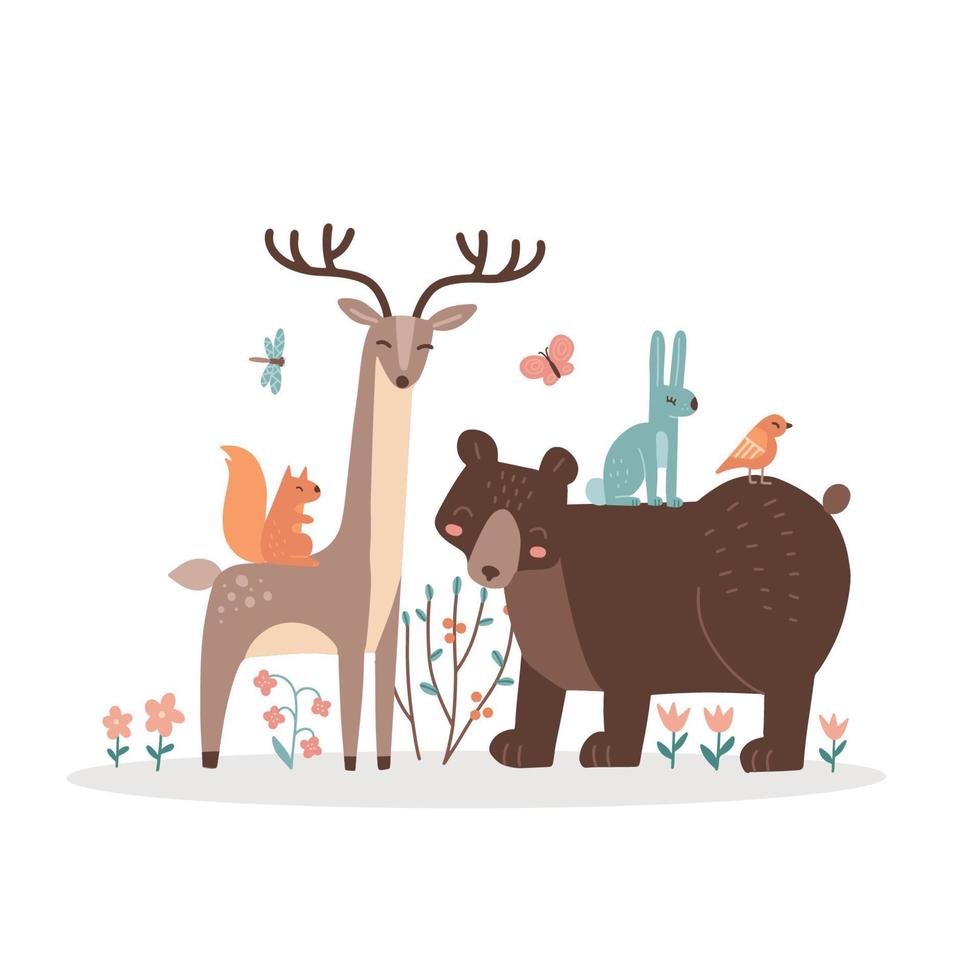 Tiere des Waldes zusammen. Bär, Reh, Hase, Eichhörnchen und Vögel - wilde Freunde des grünen Waldes. bunte handgezeichnete kindliche vektorkarikaturillustration für kinder. vektor