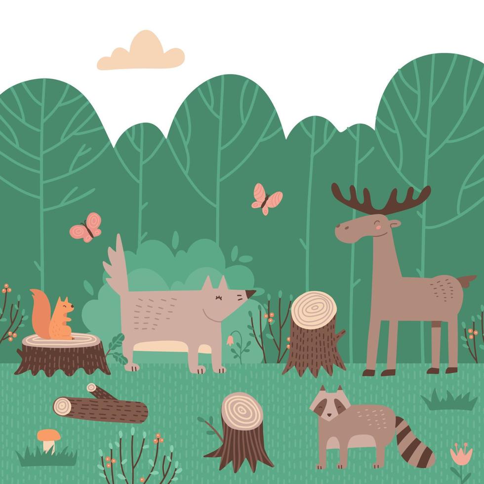 wilde tiere auf grünem sommerwaldhintergrund. süße fröhliche Elche, Wölfe, Waschbären und Eichhörnchen, die auf einer Lichtung mit großen Bäumen leben. flache handgezeichnete Vektorillustration vektor
