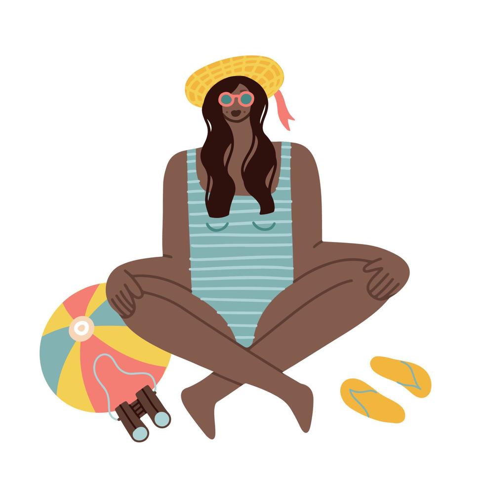 junge glückliche schwarze afroamerikanische schönheitsfrau im badeanzug, der auf dem strand sitzt. hand gezeichnete trendige flache vektorillustration lokalisiert auf weißem hintergrund. vektor