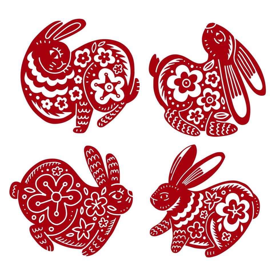 4 röda harar - kinesisk zodiaksymbol. set med kaniner i olika varianter. silhuetter ritade i kinesisk stil med blommiga utsmyckade i grafisk stil. vektor hand darwn illustration.