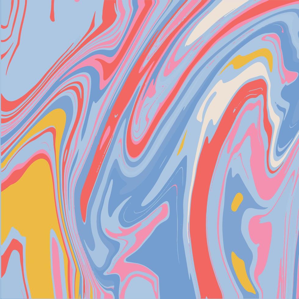 1970 gewellter Strudelhintergrund in den blauen, gelben, roten und rosa Farben. hand gezeichnete vektorillustration. Stil der 70er, grooviger Hintergrund für Tapeten oder Druck. flaches Design im ästhetischen Hippie-Stil. vektor