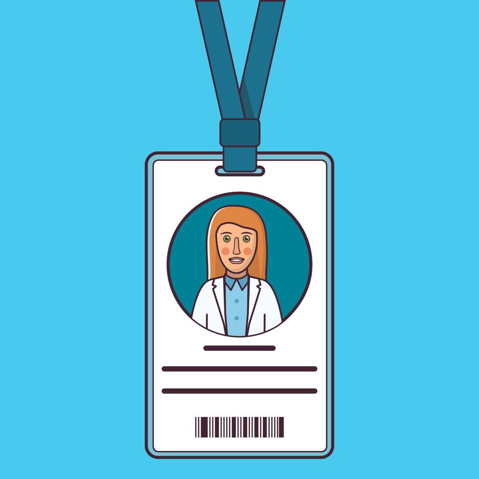 ID-kort läkare. ung kvinna plast id-kort. medicinsk identitet badge tecknad mall. isolerad på en vit bakgrund. vektor