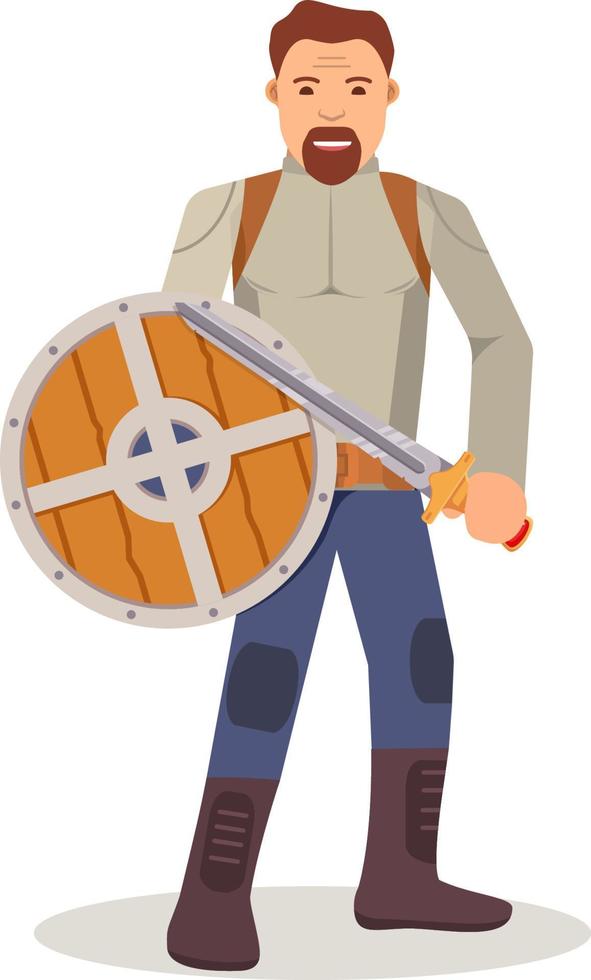 der Krieger mit einem Brett und einem Schwert. der Mann mit der Waffe. mittelalterlicher Ritter. karikatursoldat mit schildcharakter. flache Illustration vector.isolated auf einem weißen Hintergrund. vektor