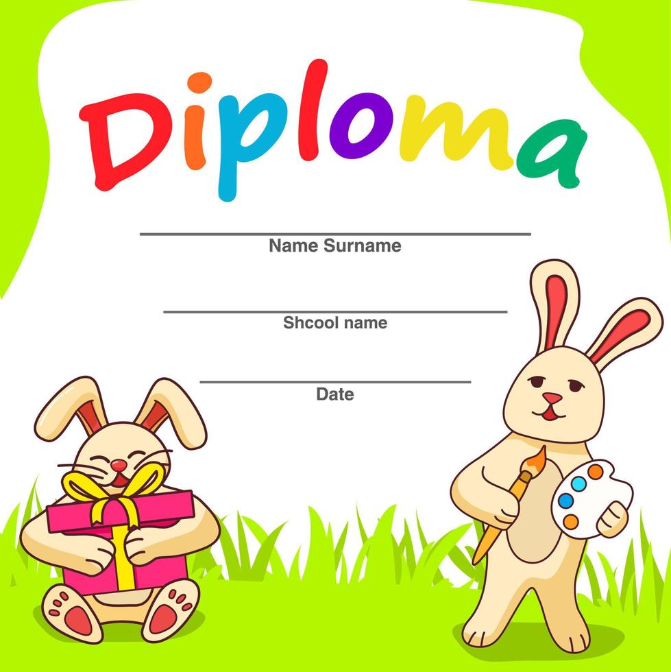 diplomvorlage für kinder.zeichentrickfigur kaninchen mit geschenken und osterhase mit eiern.flacher illustrationsvektor.website-banner-konzept. vektor