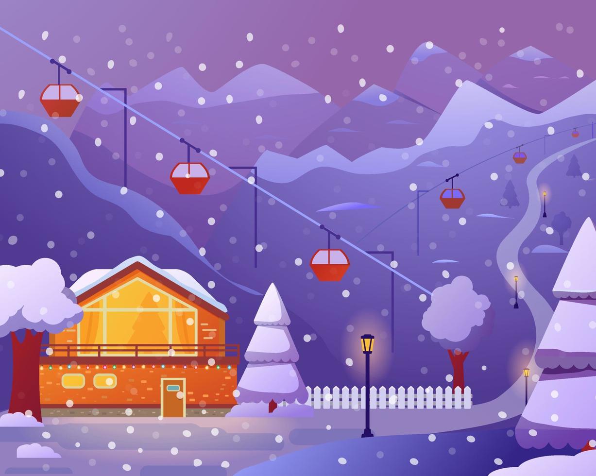 skidort med hotell, linbana. fallande snö, julgranar och bergssidor. platt illustration vektor. vektor