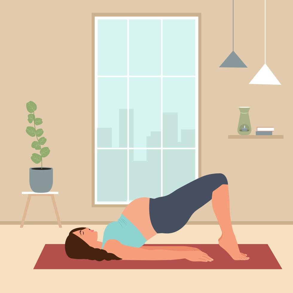 schwangere Frau, die pränatales Yoga macht. schwangerschaftsgesundheitskonzept. weibliche charaktermeditation auf der matte. Üben in einem Yogastudio oder zu Hause. flache vektorillustration. vektor