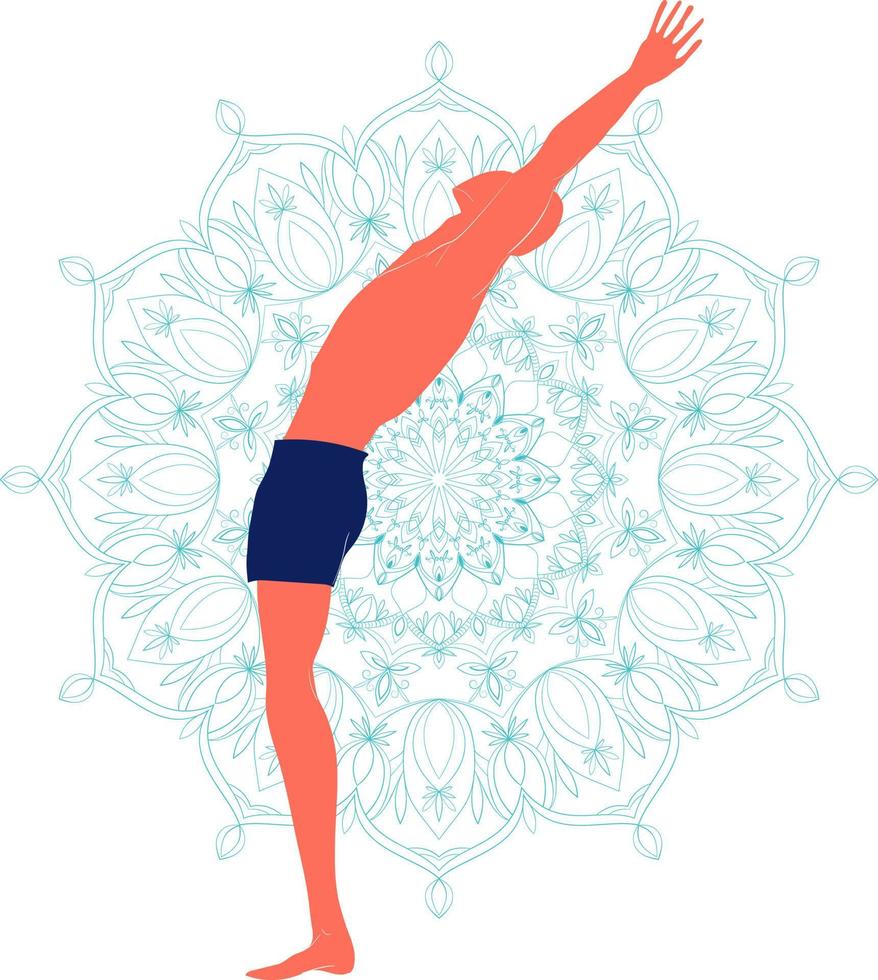 en man som utövar yoga. silhuetter med mandala på bakgrunden. hasta uttanasana eller stående ryggböjning. vektor illustration