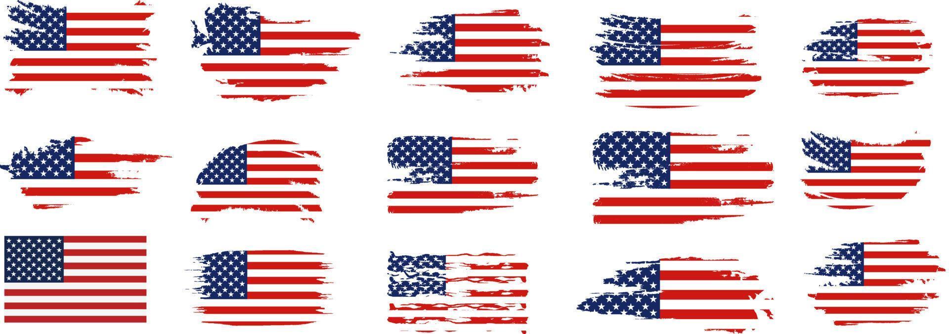 Flagge der Vereinigten Staaten von Amerika, Bürstenhintergrundsatz. usa-flaggenpinsel-vektorsatz. glücklich 4. juli usa unabhängigkeitstag grußkarte. beschriftung und amerikanische flagge grunge pinsel malen hintergrund. vektor