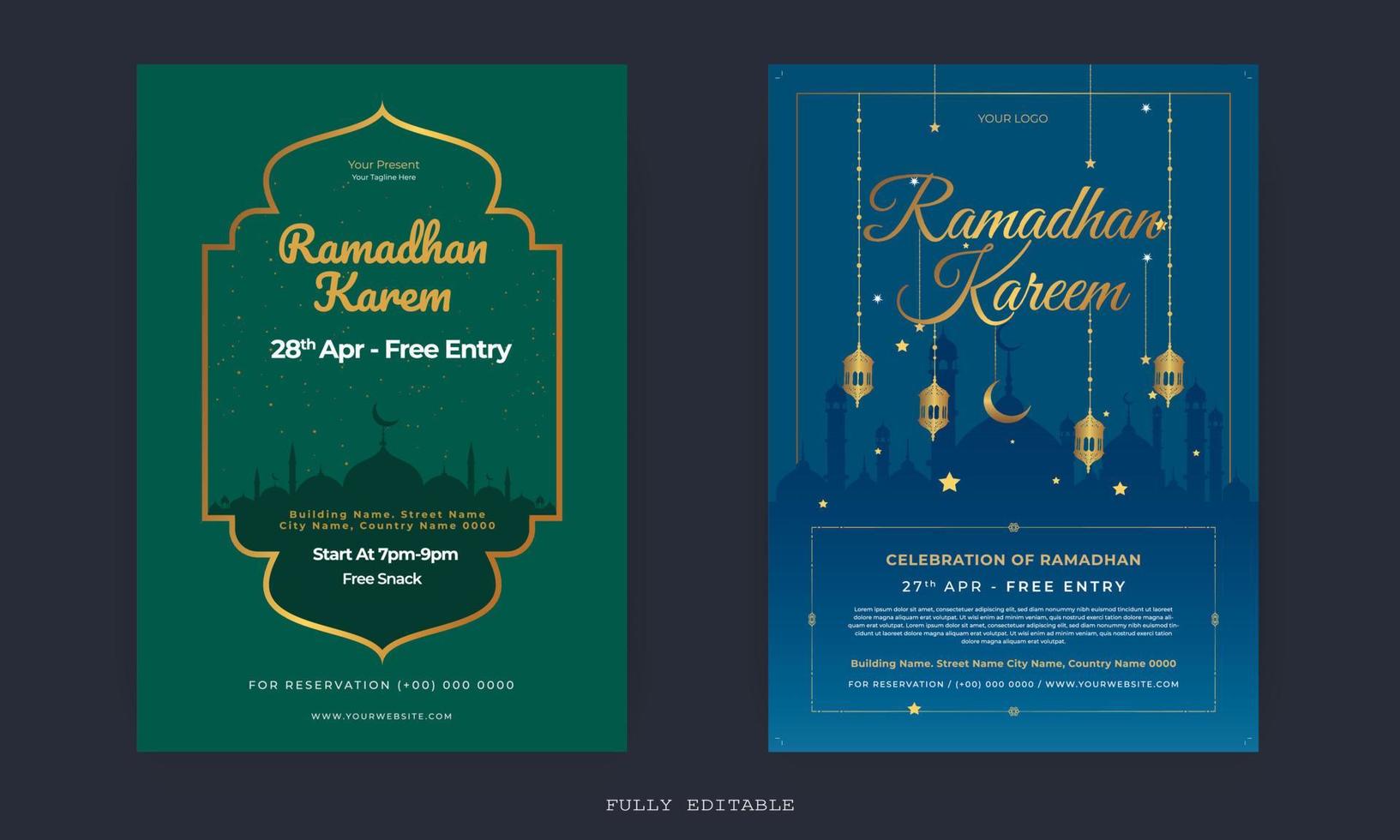 Ramadan Mubarak-Flyer. ramadan kareem satz plakate oder einladungsdesign. dekorative Retro-Grußkarte oder Einladungslayout-Design vektor