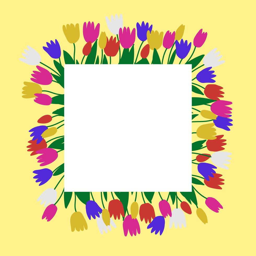 bunter tulpenrahmen mit weißem quadrat. dekoration für grußkarte, einladung, valentinstag, frauen- oder muttertag. vektor
