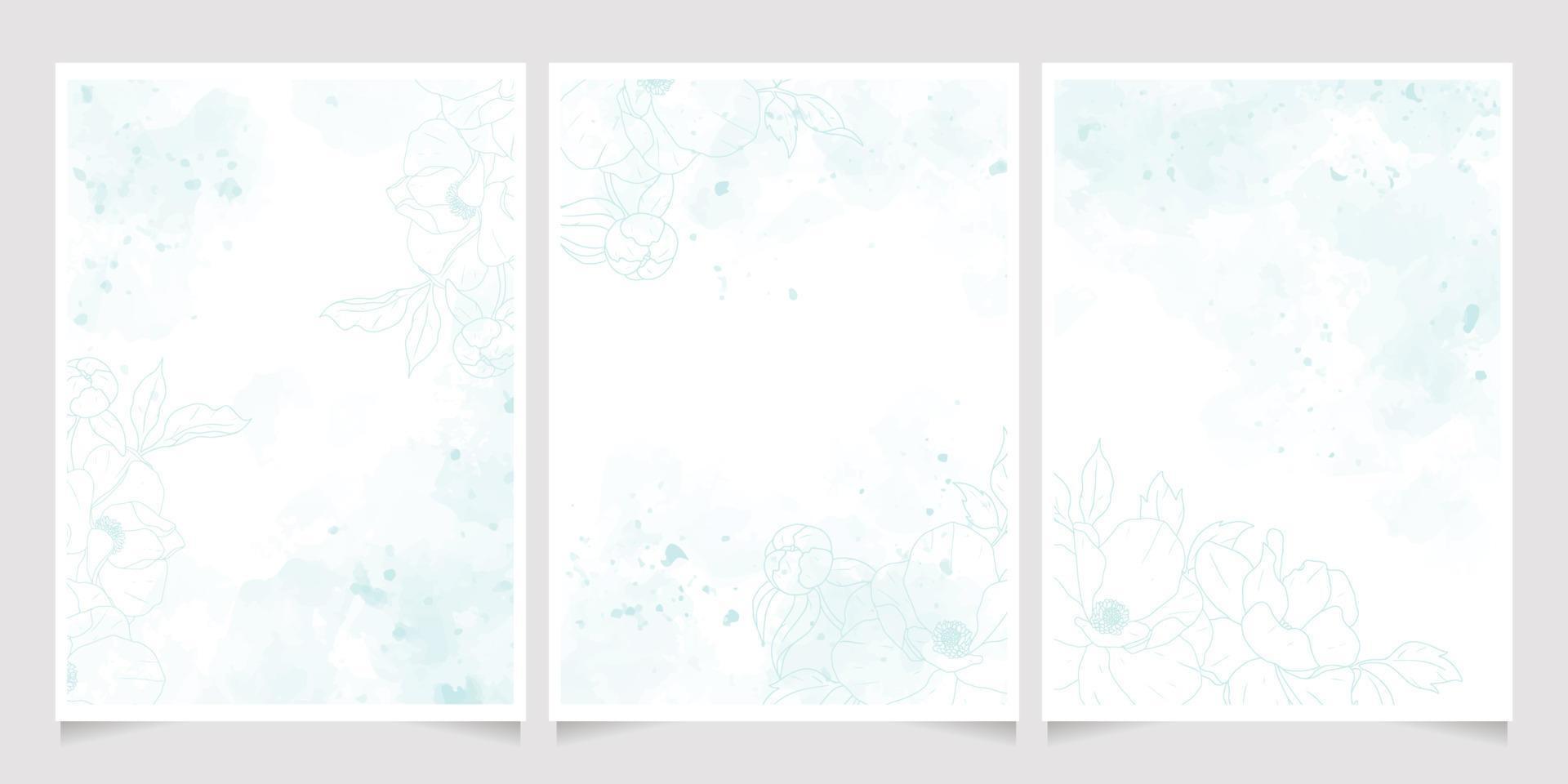 blå vattenfärg tvätt stänk linje konst pion blomma bukett ram 5x7 inbjudningskort bakgrund mall samling vektor