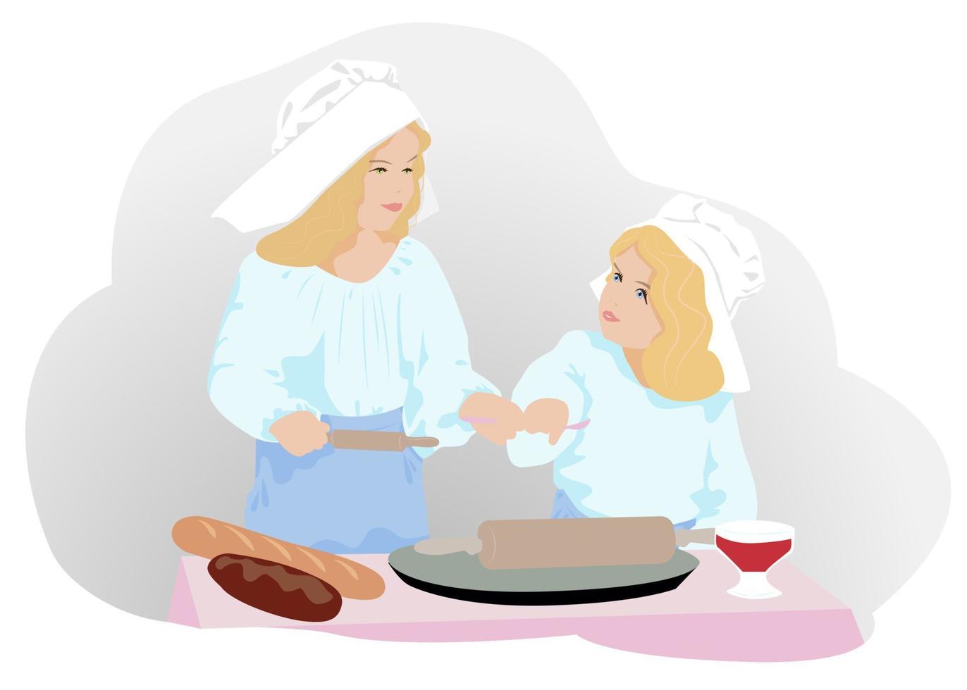 Porträt des glücklichen Kochs mit zwei kleinen Mädchen vektor