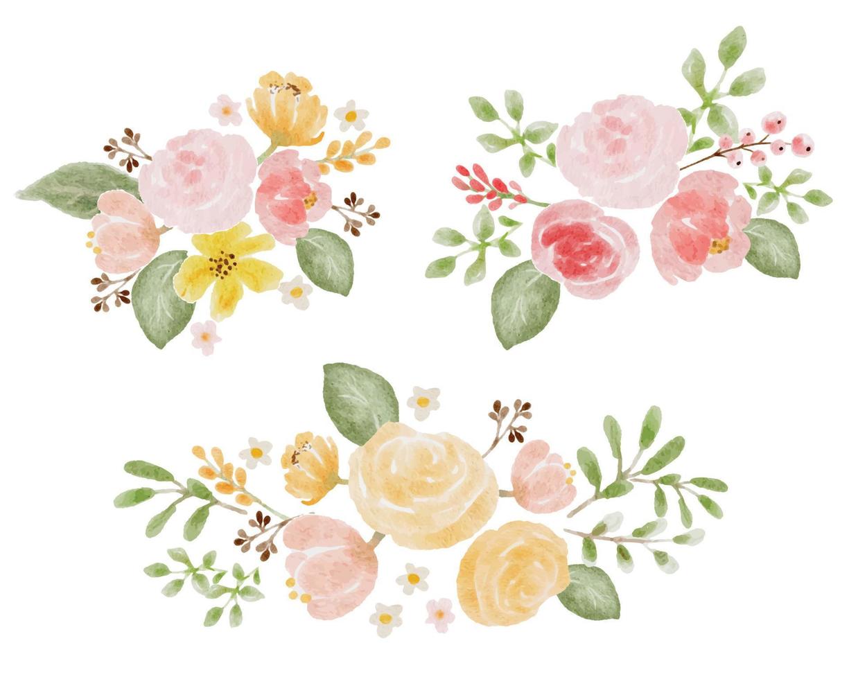 lose aquarellbunte rosen und wildblumenblumenstraußelemente lokalisiert auf digitaler malerei des weißen hintergrunds vektor