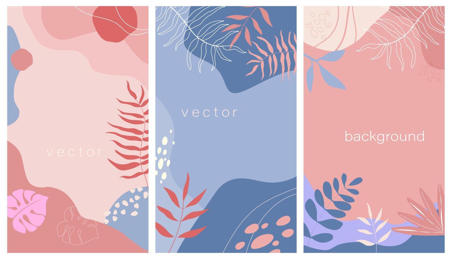 Eine Reihe vertikaler Vektordesignvorlagen in einem einfachen zeitgenössischen Stil mit sommerlichen tropischen Blättern, abstrakten Formen, mit Platz zum Kopieren von Text, Desktop-Hintergründen in sozialen Medien. vektor