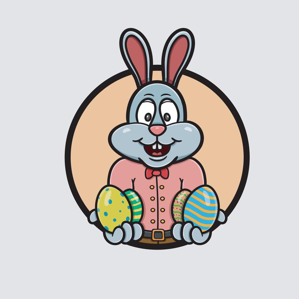 maskot kanin tecknad med ägg logotyp. glad påsk tema. vektor