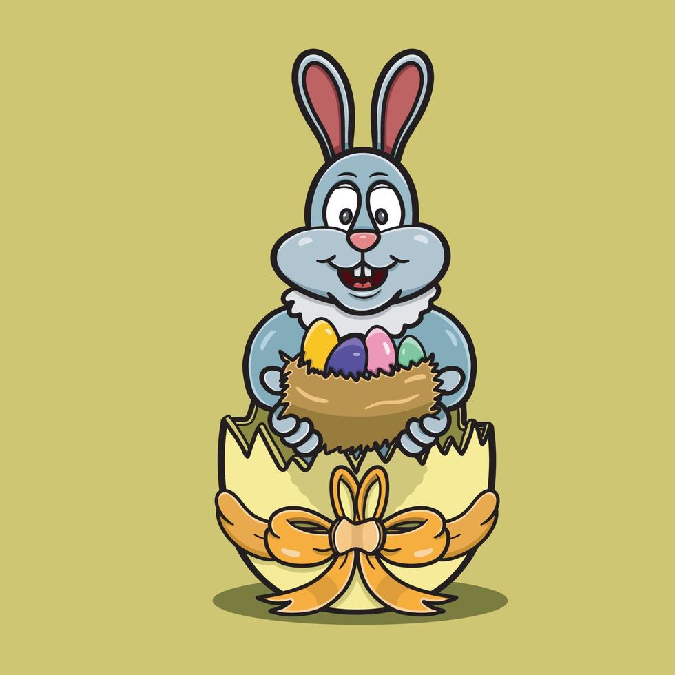Maskottchen Kaninchen bringen Eier Cartoon-Logo, auf Ei. fröhliches osterthema. vektor