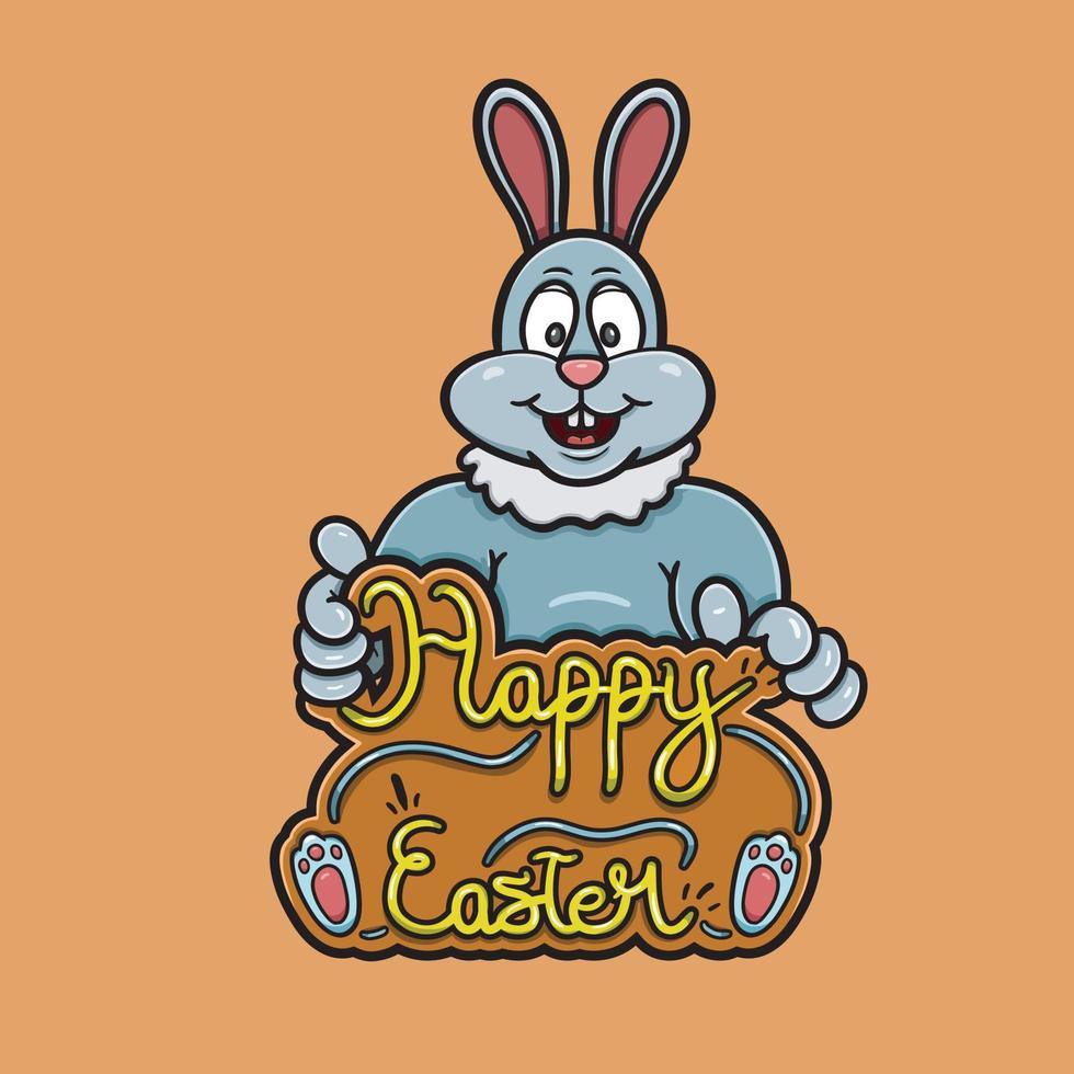 Maskottchen-Kaninchen-Cartoon-Logo bringt fröhliche Ostern-Schrift. fröhliches osterthema. vektor