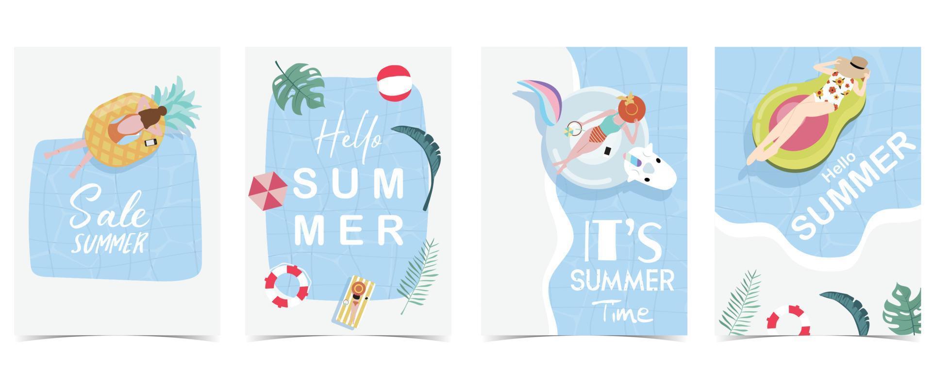 Party-Sommerzeit-Postkarte mit Pool und Strand im Tageshintergrund vektor