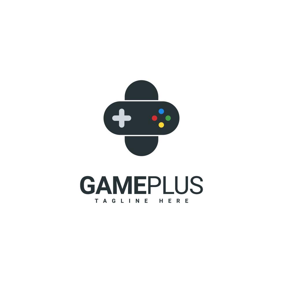 Game-Logo-Konzeptdesign, Joystick-Icon-Kombination und Pluszeichen vektor