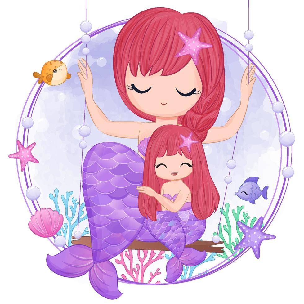 söt sjöjungfru mamma och baby i akvarell illustration vektor