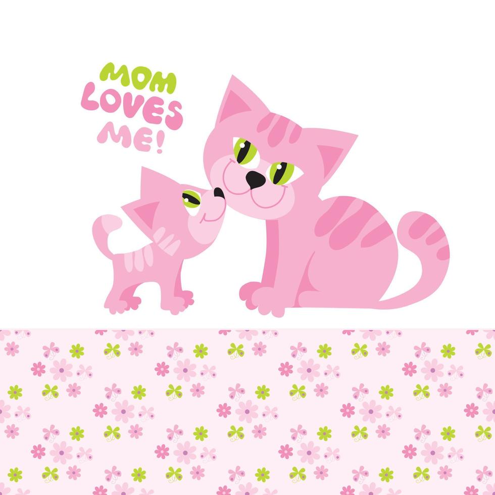 mamma och bebis älskar. söt katt och kattunge med blommönster vektor