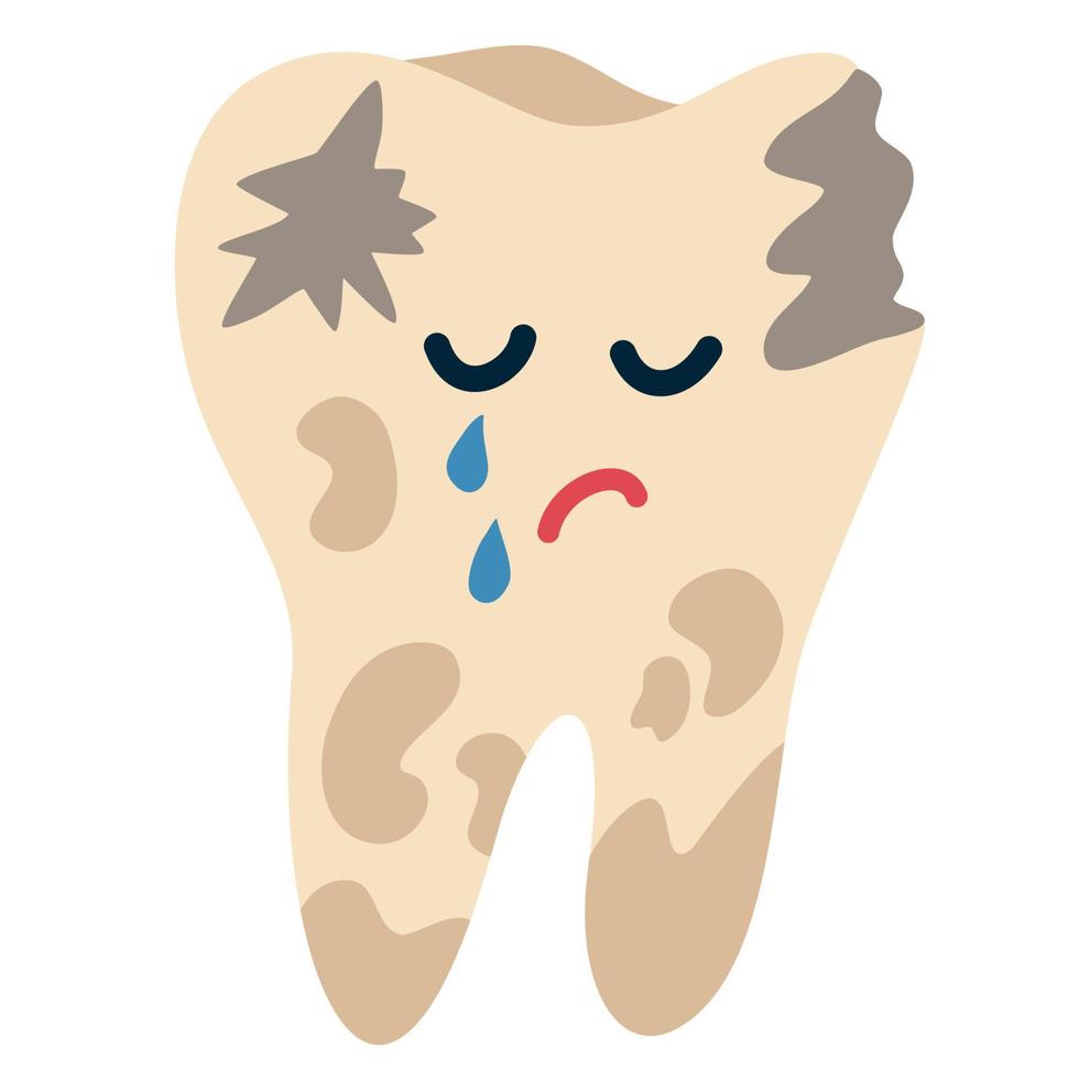 tand med karies. ledsen tecknad tand med en sjukdom och ett hål. tandvård. för barn instruktioner om tandborstning, utskrift och häften. vektor hand rita illustration