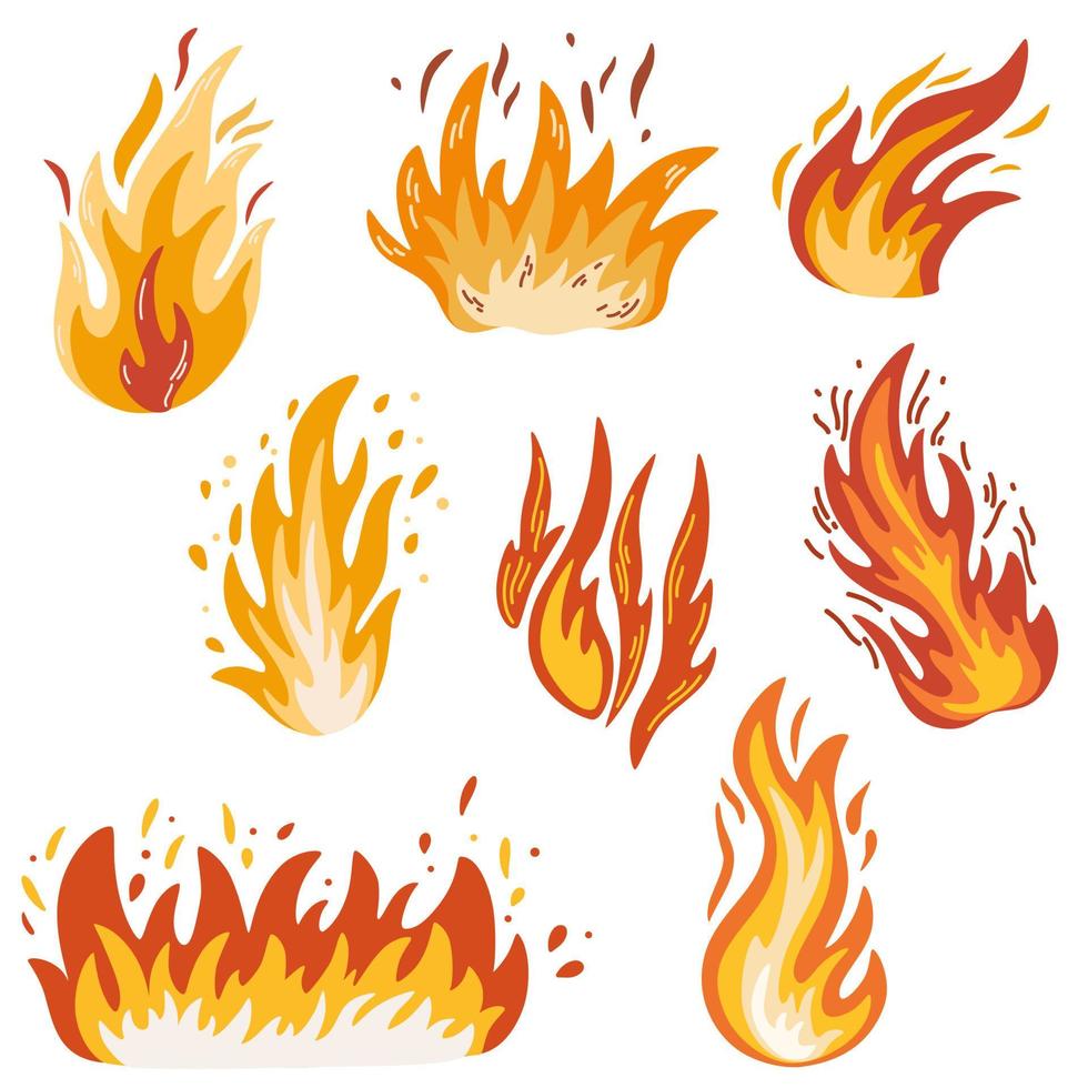 Feuer. feurige Flamme, heller Feuerball, thermisches Waldfeuer und ein glühendes Lagerfeuer. Flammen in verschiedenen Formen. Vektor-Feuer-Flamme-Icons im Cartoon-Stil. vektor