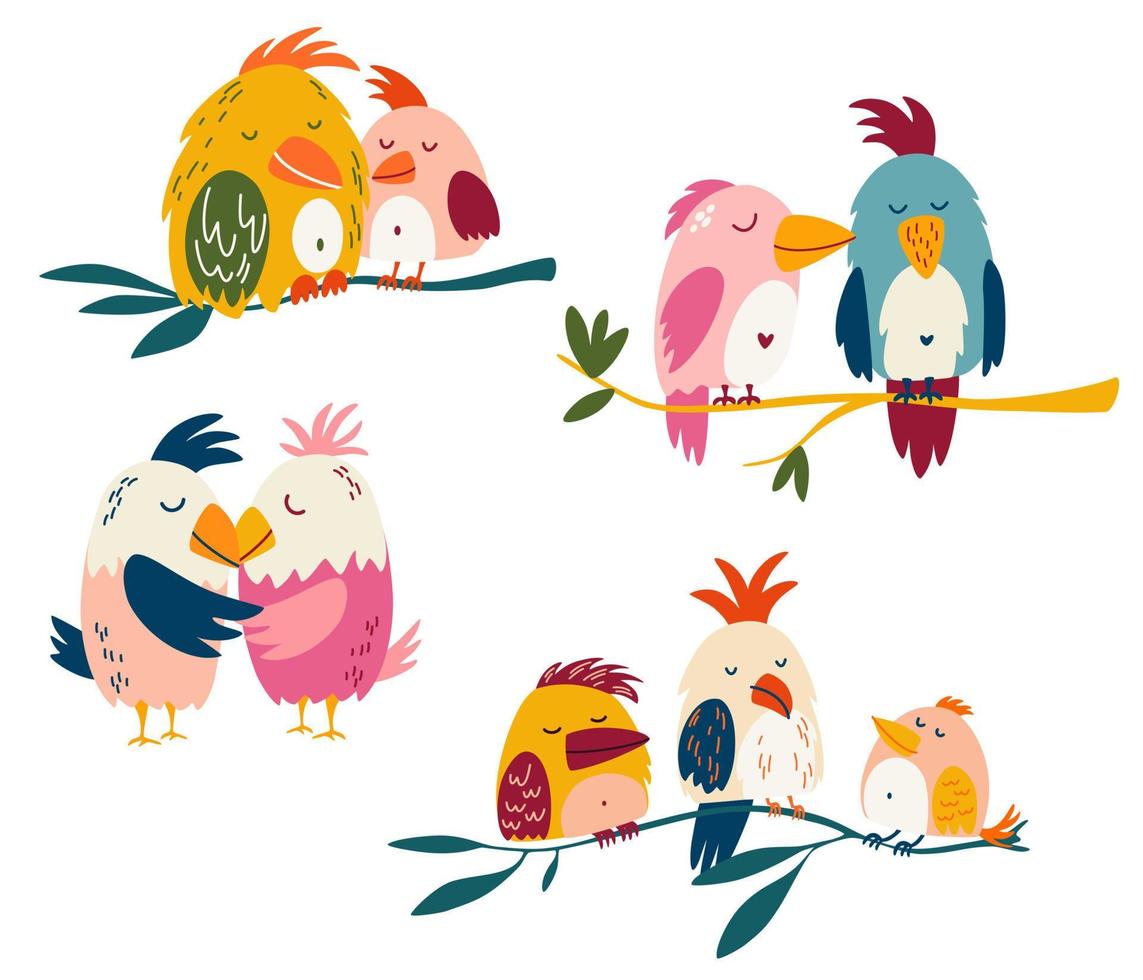 Papageien sind ein verliebtes Paar. niedliches Cartoon-Lovebird-Set. exotische Vögel. ideal für Kinderkarten, Drucke und Grußkarten. isolierte Vektor-Clipart-Illustration. vektor