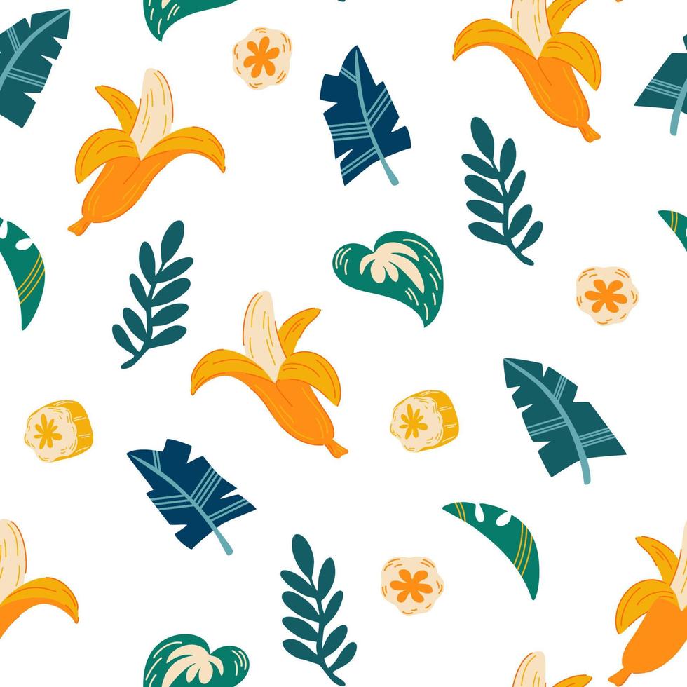 Bananen und Blätter nahtloses Muster. tropischer hintergrund mit exotischen blättern und früchten. perfektes design für stoff, druck, verpackung, textil. flache vektorillustration vektor