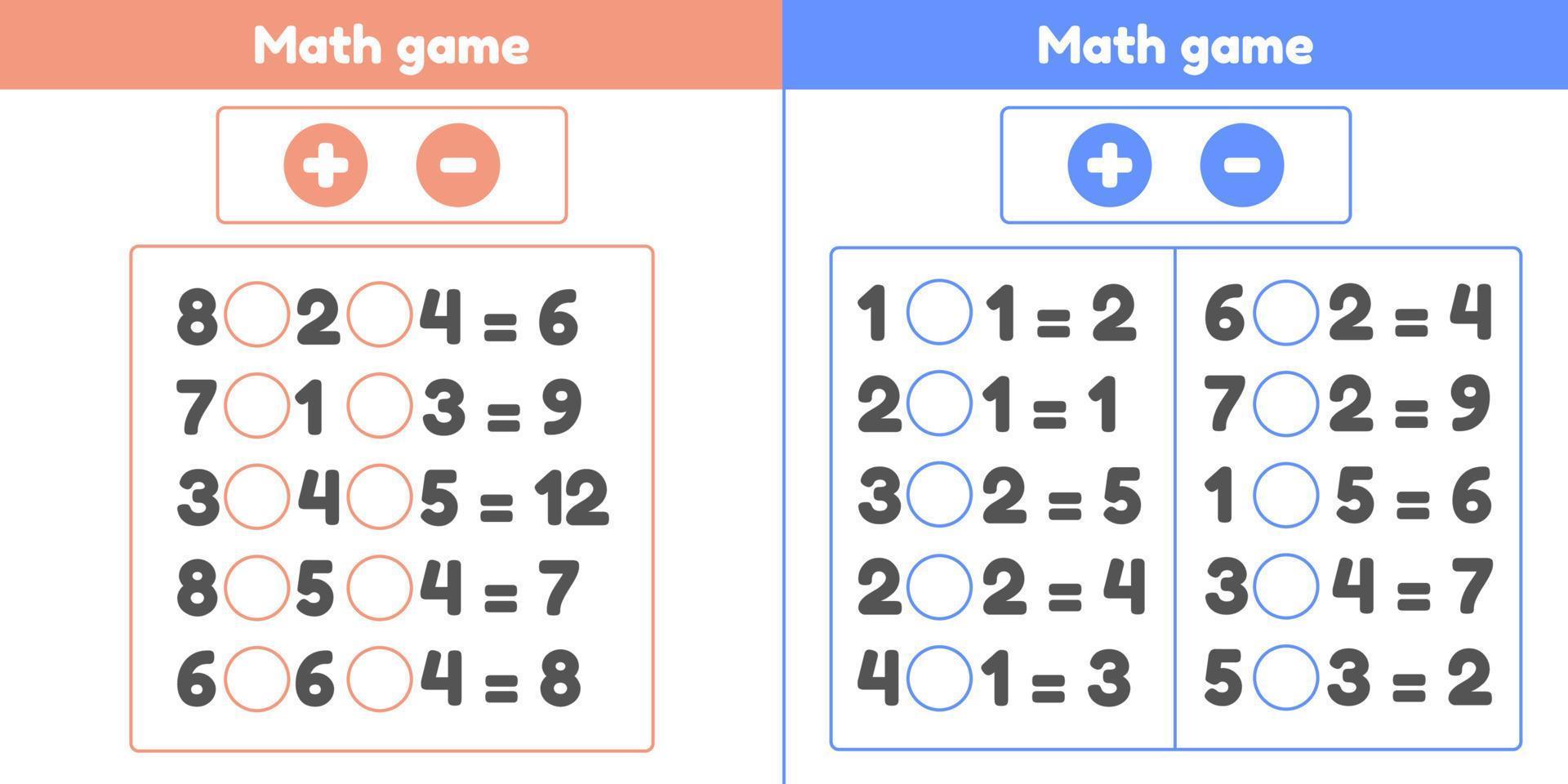 Mathe-Spiel. Plus oder minus. Arbeitsblätter für Kinder im Vorschul- und Schulalter festlegen. vektor