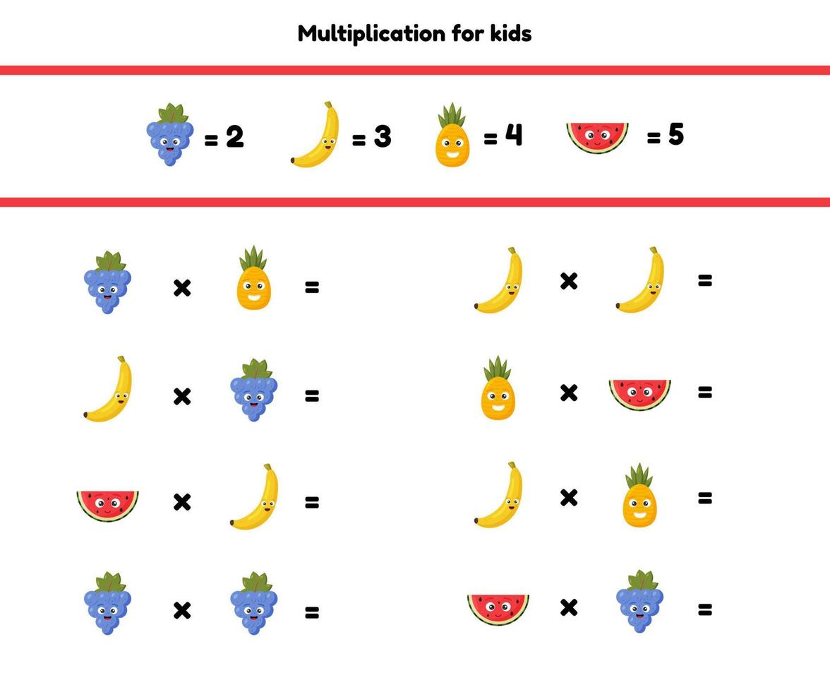 Mathe-Spiel für Kinder im Vorschul- und Schulalter. zähle und setze die richtigen Zahlen ein. Multiplikation. Früchte. vektor