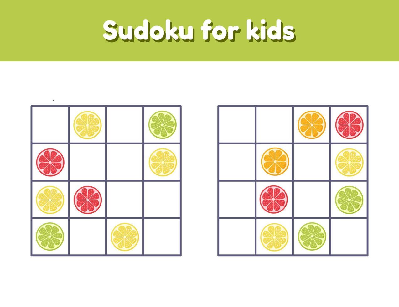 Sudoku für Kinder mit Bildern. Logik-Rebus für Vorschul- und Schulkinder. Lernspiel. Zitrusfrüchte. vektor