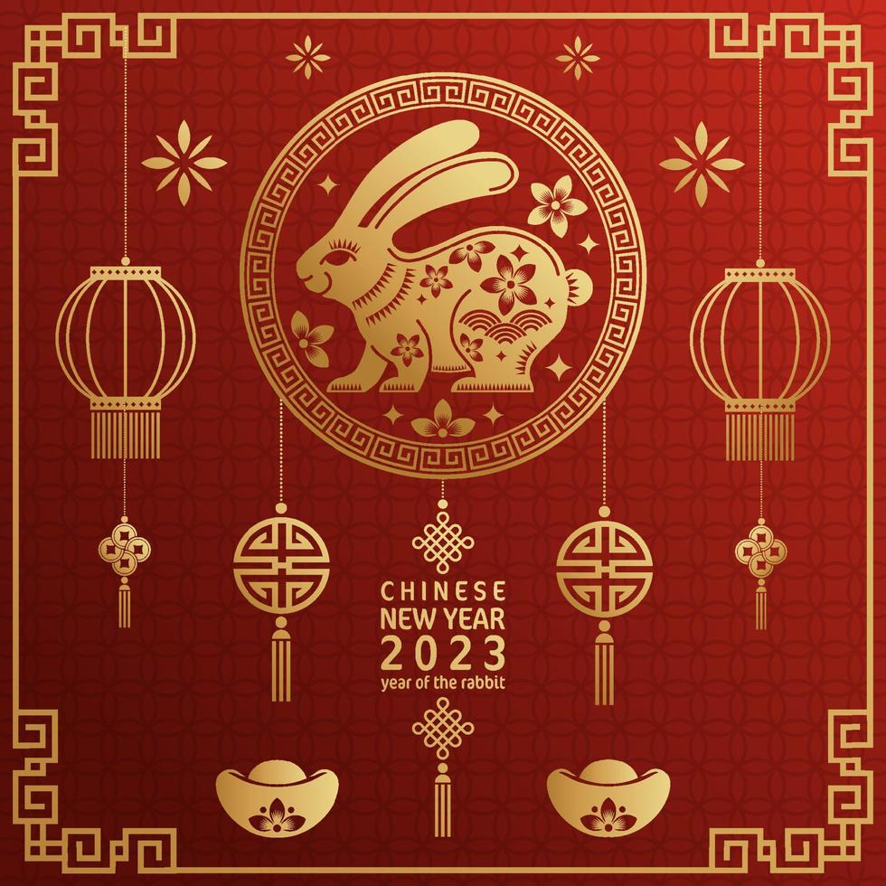 gott kinesiskt nytt år 2023 år av kanin zodiaken med på färgbakgrund. vektor