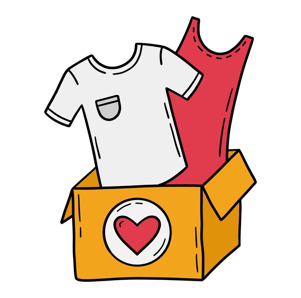 välgörenhetslåda med kläder för behövande. donation och volontärarbete illustration i doodle tecknad stil. t-shirt och klänning i en kartong med hjärta. vektor