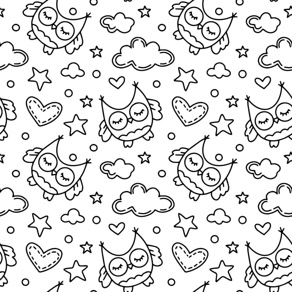 barns sömlösa mönster med ugglor. tecknad doodle vektor bakgrund med med fåglar och moln