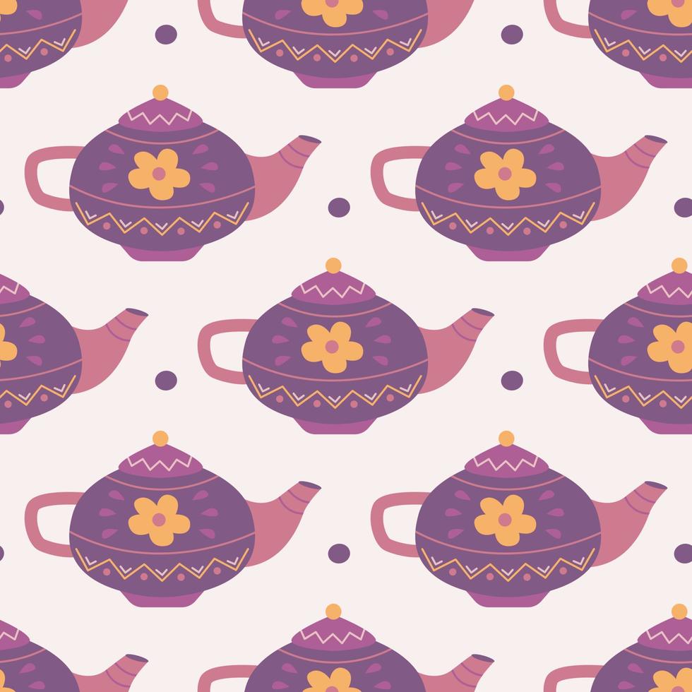 Keramische Teekanne mit Blumen, Vektornahtloses Muster auf rosa Hintergrund vektor