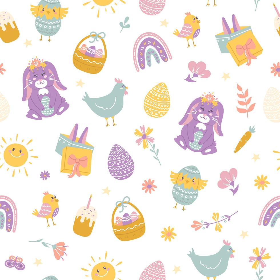 Frohe Ostern. Kaninchen, Ostereier, Blumen und Hühner, Vektornahtloses Muster auf weißem Hintergrund vektor