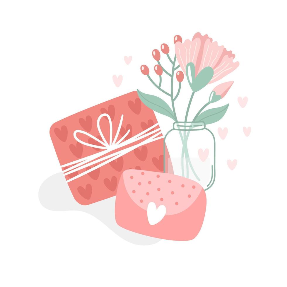 vektorillustration für valentinstag. geschenk, umschlag, blumenstrauß und herzen auf weißem hintergrund. kreative grußkarte mit handgezeichneten dekorativen elementen. elegantes feminines Design. vektor