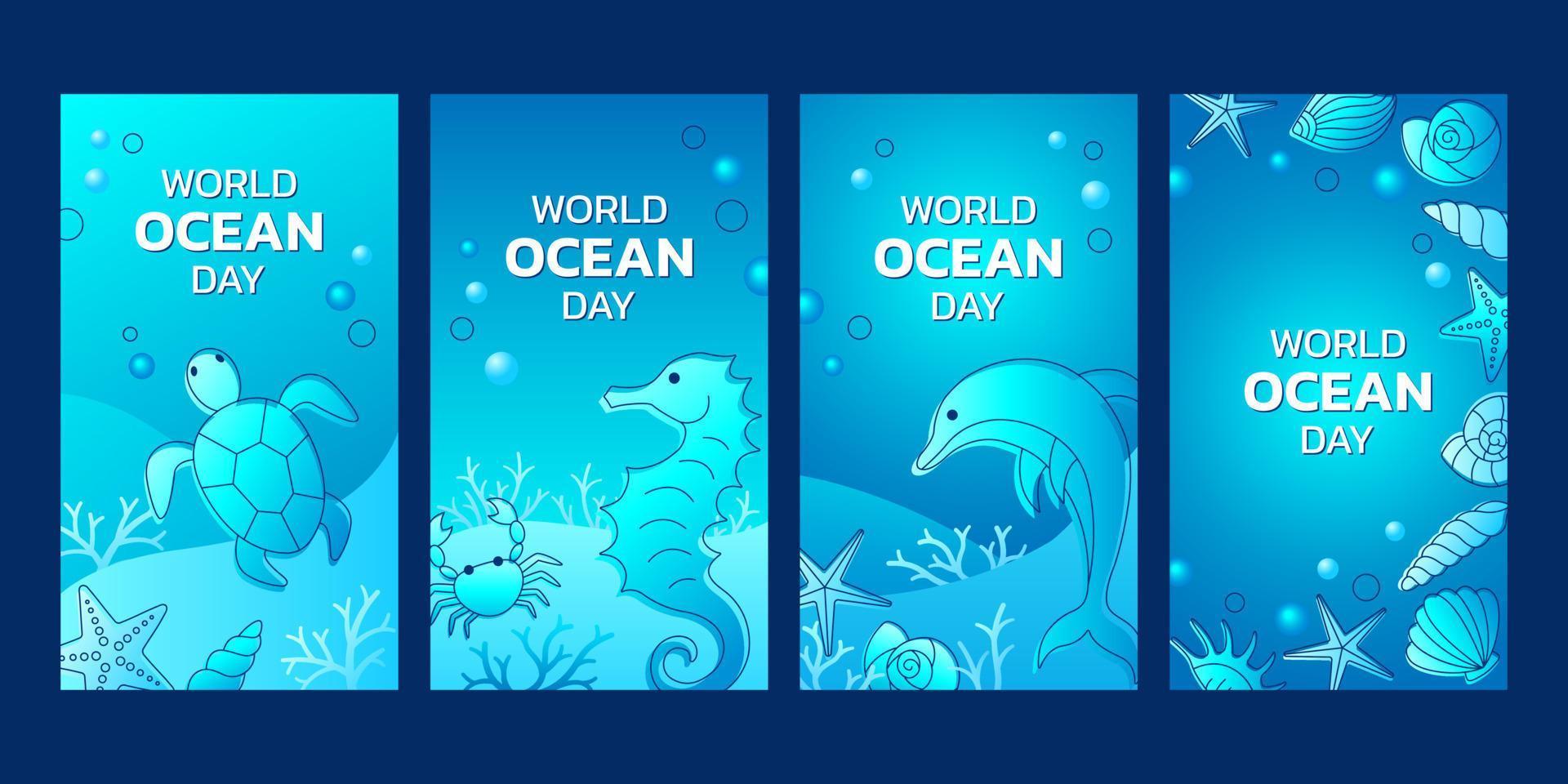 World Ocean Day banner samling med sjöhäst, sköldpadda, delfin och snäckskal. vektor