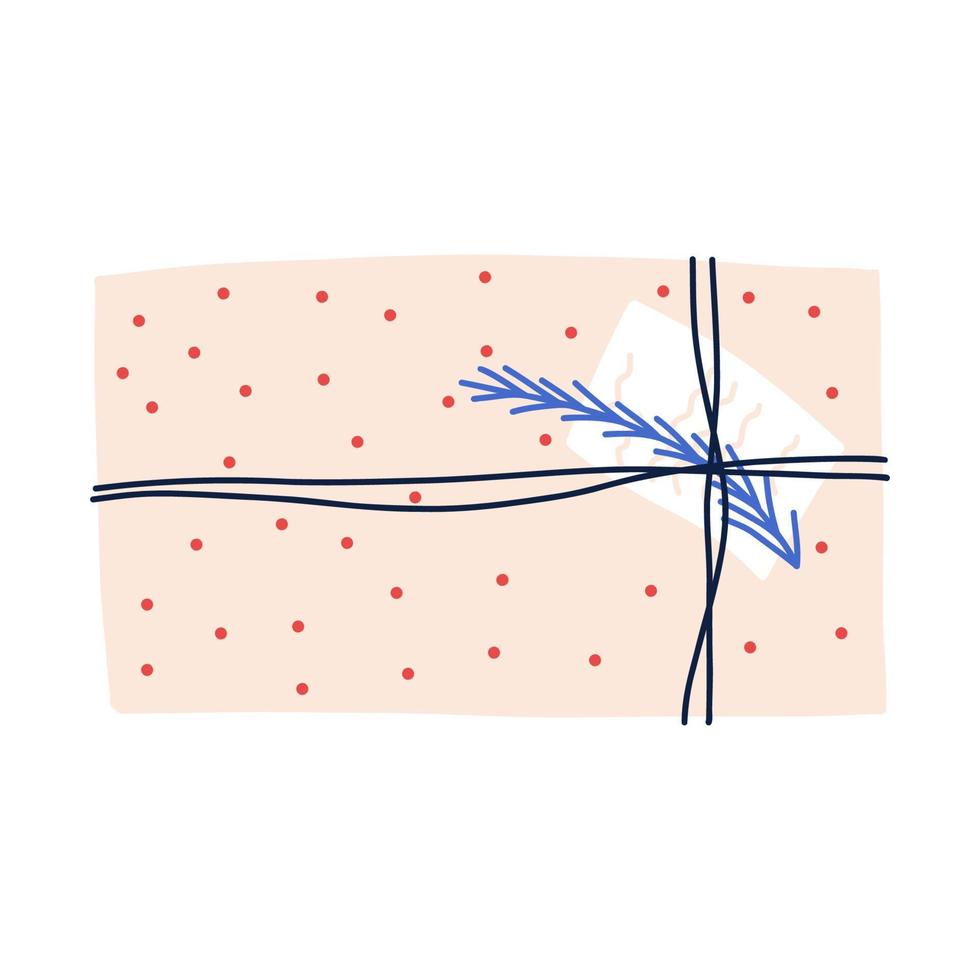 julklapp med brev och gran gren, platt vektorillustration isolerad på vit bakgrund. presentask med prickar omslagspapper i handritad tecknad stil. vektor