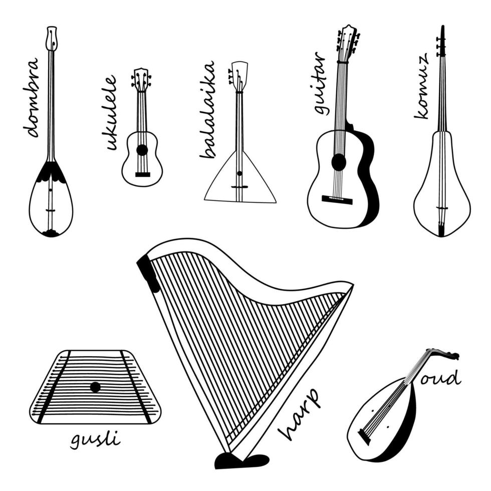 satz von saitenmusikinstrumenten handgezeichnetes gekritzel vektor