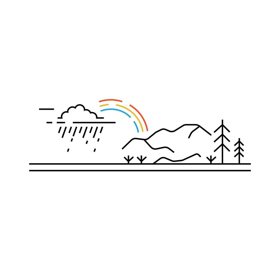 Wetter in den Bergen. Regenwolke und Regenbogenumriss. Linie Kunstkonzept Landschaftsansicht. Vektorillustration auf weißem Hintergrund vektor