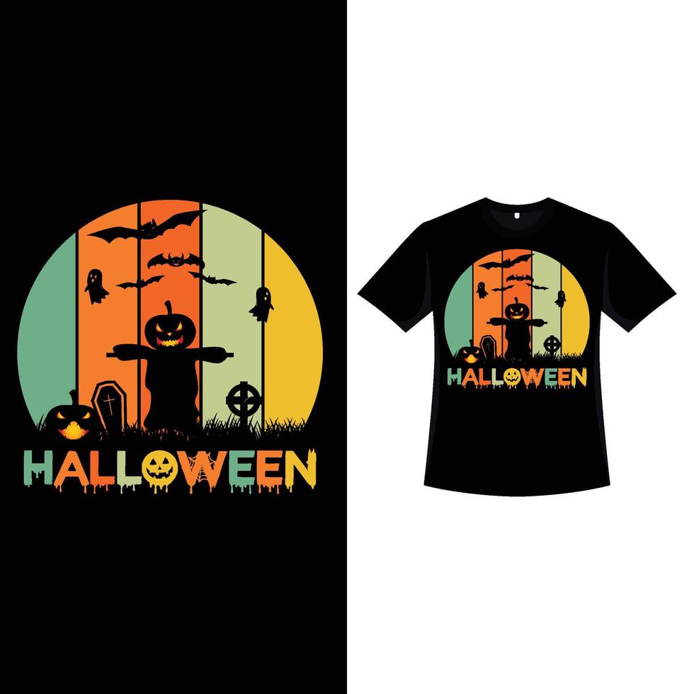 halloween vintage t-shirtdesign med en spöklik fågelskrämma. halloween mode wear design med en fågelskrämma och pumpa lyktor siluett. skrämmande retro färg t-shirt design för halloween event. vektor