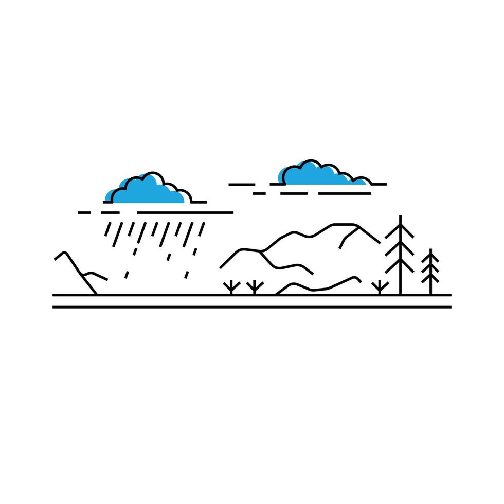 väder i bergen. regnmoln och regnbågskontur. linjekonst koncept landskapsvy. vektor illustration på vit bakgrund
