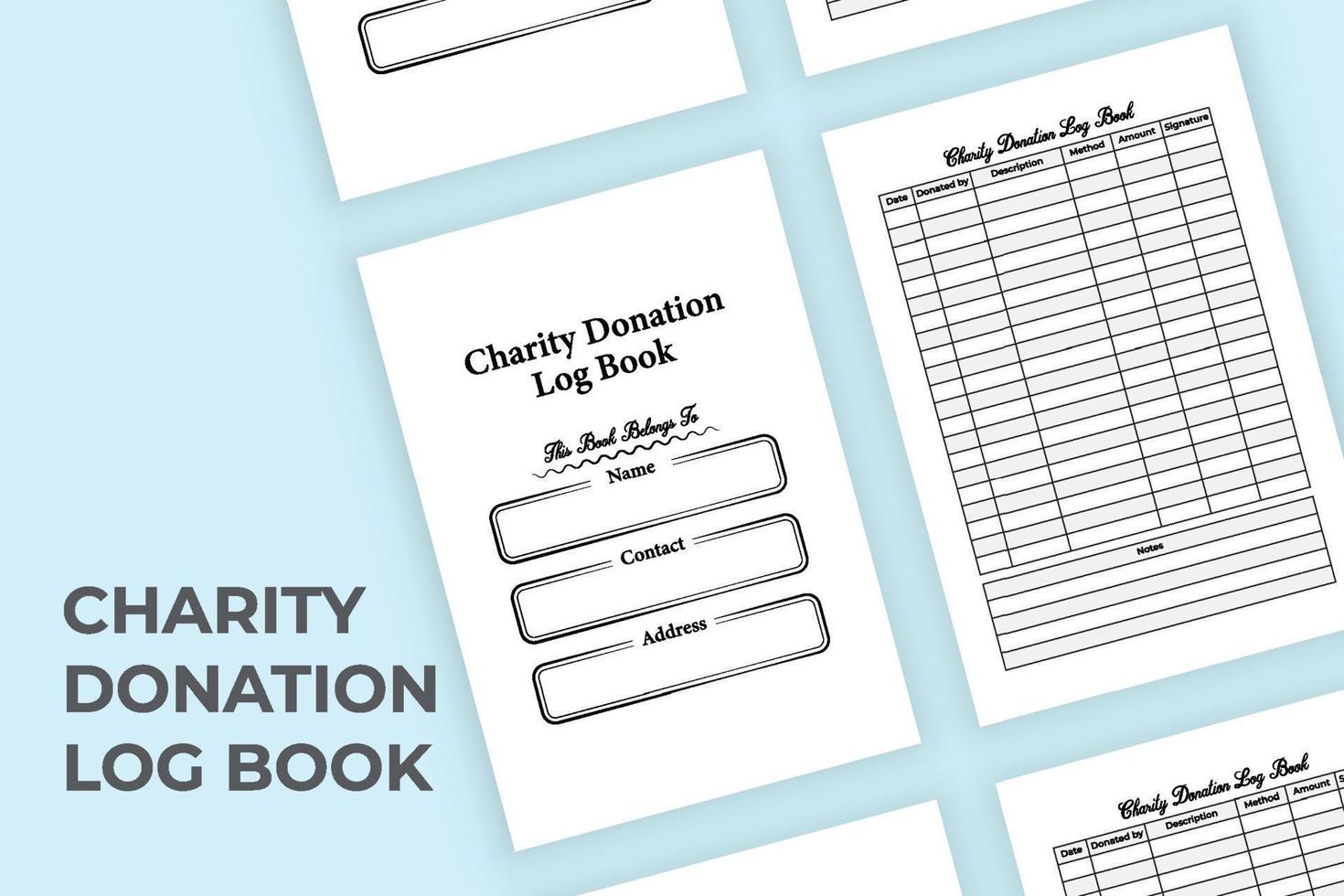 Innenraum des Charity-Informationsjournals. Spendendaten und Betragsbuchvorlage. Innenraum eines Logbuchs. Charity-Spendeninformations-Tracker und Fund-Checker-Notebook-Interieur. vektor