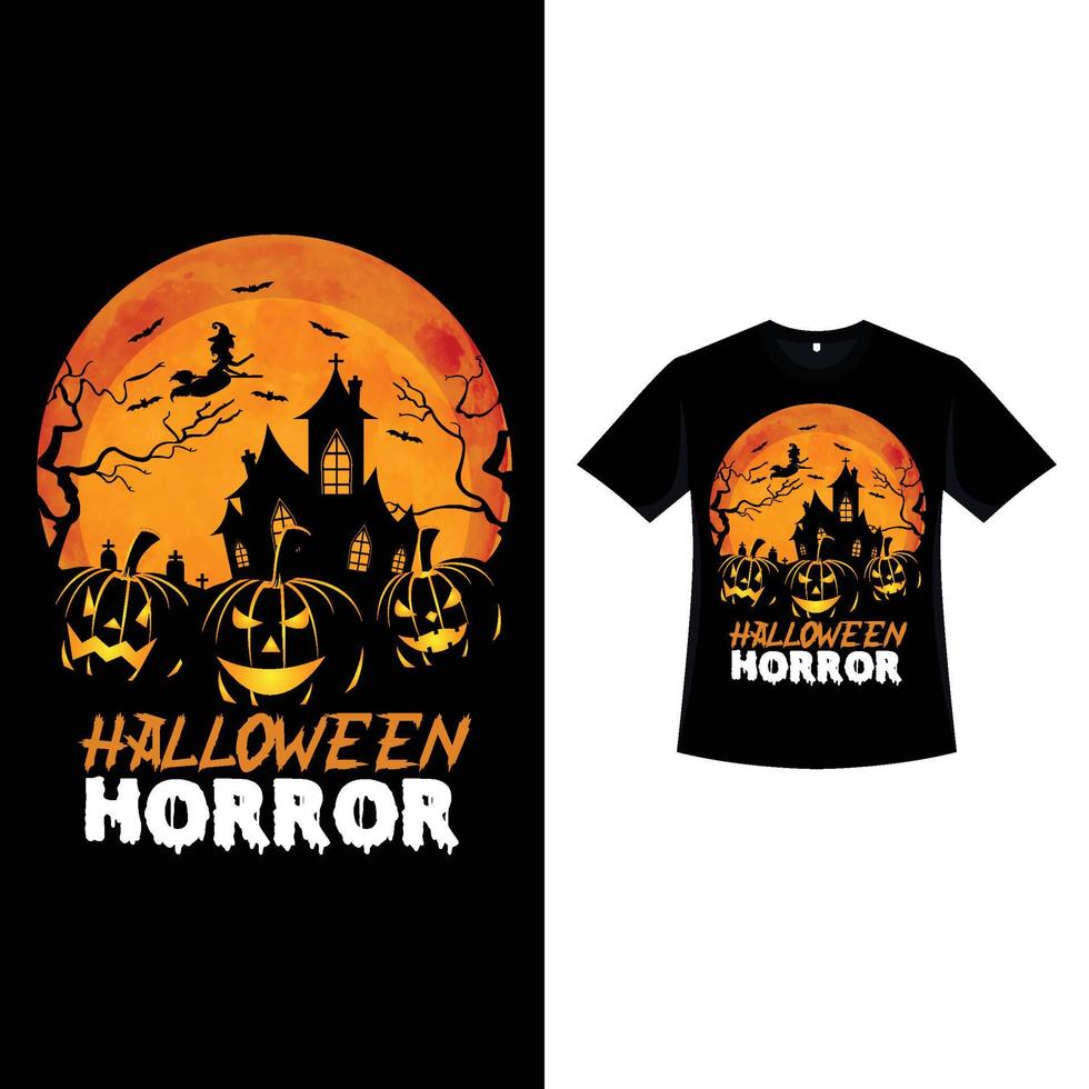 halloween vintage t-shirt design mit gruseligen kürbislaternen. halloween-modendesign mit kürbislaternen und spukhaussilhouette. beängstigendes Retro-Farb-T-Shirt-Design für Halloween-Event. vektor