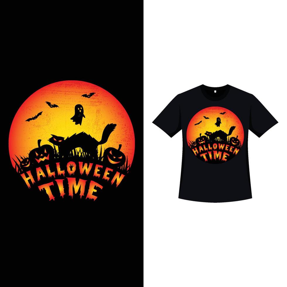 halloween stilvolles retro-farb-t-shirt-design mit gruseligem kürbis, einer katze und einem toten baum. halloween gruseliges t-shirt-design mit vintage-farbe und kalligrafie. Gruseliges Modedesign für Halloween. vektor