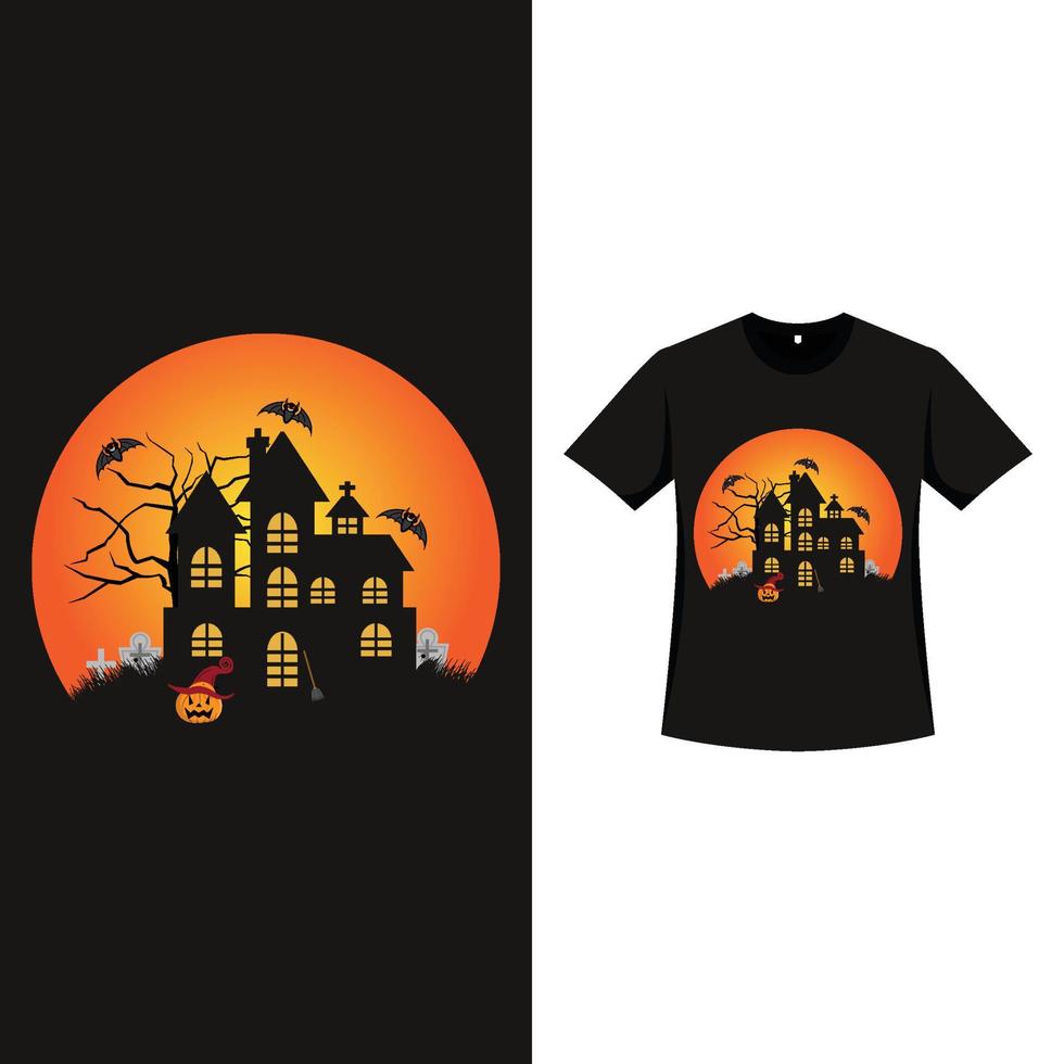 Halloween schwarzes T-Shirt-Design mit Spukhaus und Vintage-Farbe. Halloween-Element-Silhouette-Design mit Kürbis, Fledermaus und Spukhaus. Gruseliges T-Shirt-Design für Halloween-Event. vektor