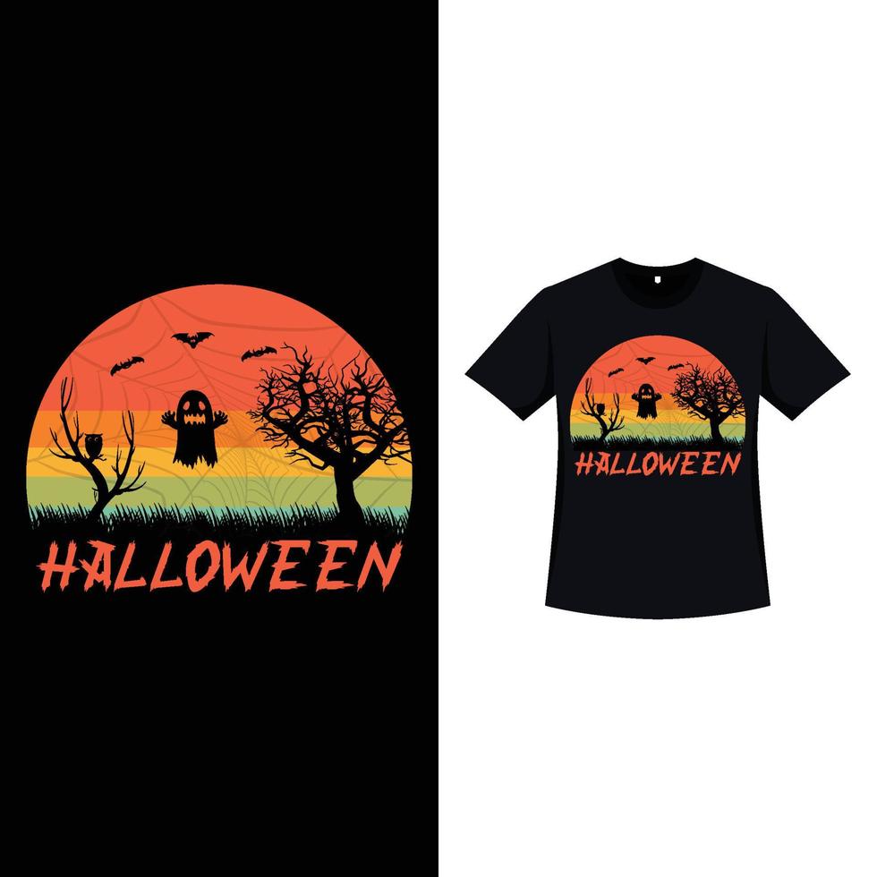 Halloween-Retro-Farb-T-Shirt-Design mit einem gruseligen Geist und toten Bäumen. Gruseliges Halloween-T-Shirt-Design mit Vintage-Farbe und einer gruseligen Eule. Gruseliges Modedesign für Halloween. vektor