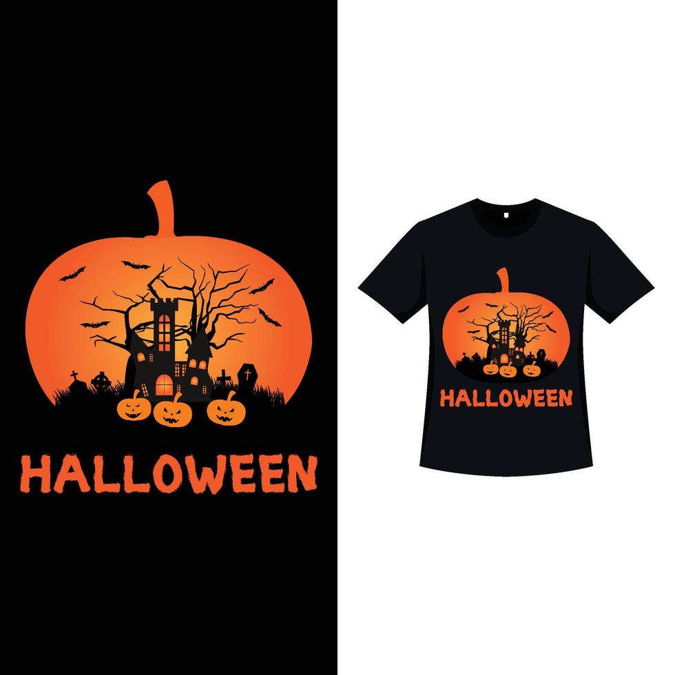 halloween svart färg t-shirt design med ett spökhus och vintage färg. halloween element siluettdesign med döda träd, pumpa och kalligrafi. spöklik t-shirtdesign för halloween-evenemang. vektor